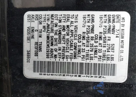 2014 Nissan Murano Sl z USA, uszkodzony, nr VIN JN8AZ1MW3EW529398